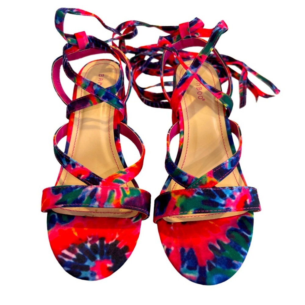 Bamboo Strappy Open Toe Tie Up Low Chunky Heel Pink Tie Dye Size 8.5 - Picture 2 of 3